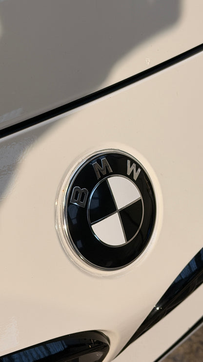 BMW 82mm Front x 74mm Rear Black & White Replacement Badges – Required Automotive