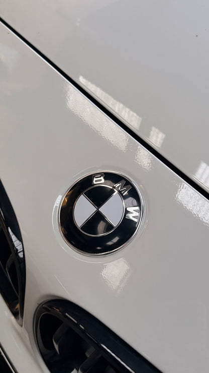 BMW 82mm Front x 74mm Rear Black & White Replacement Badges – Required Automotive